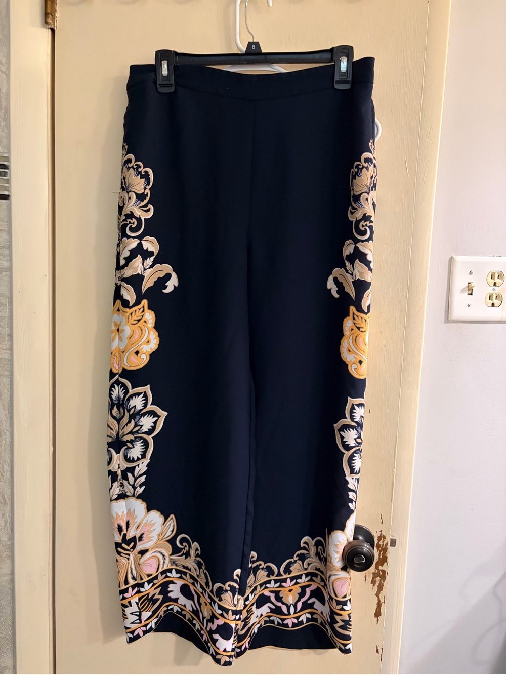 Chico's Navy Wide-Leg Pants with Cream & Gold Floral Border